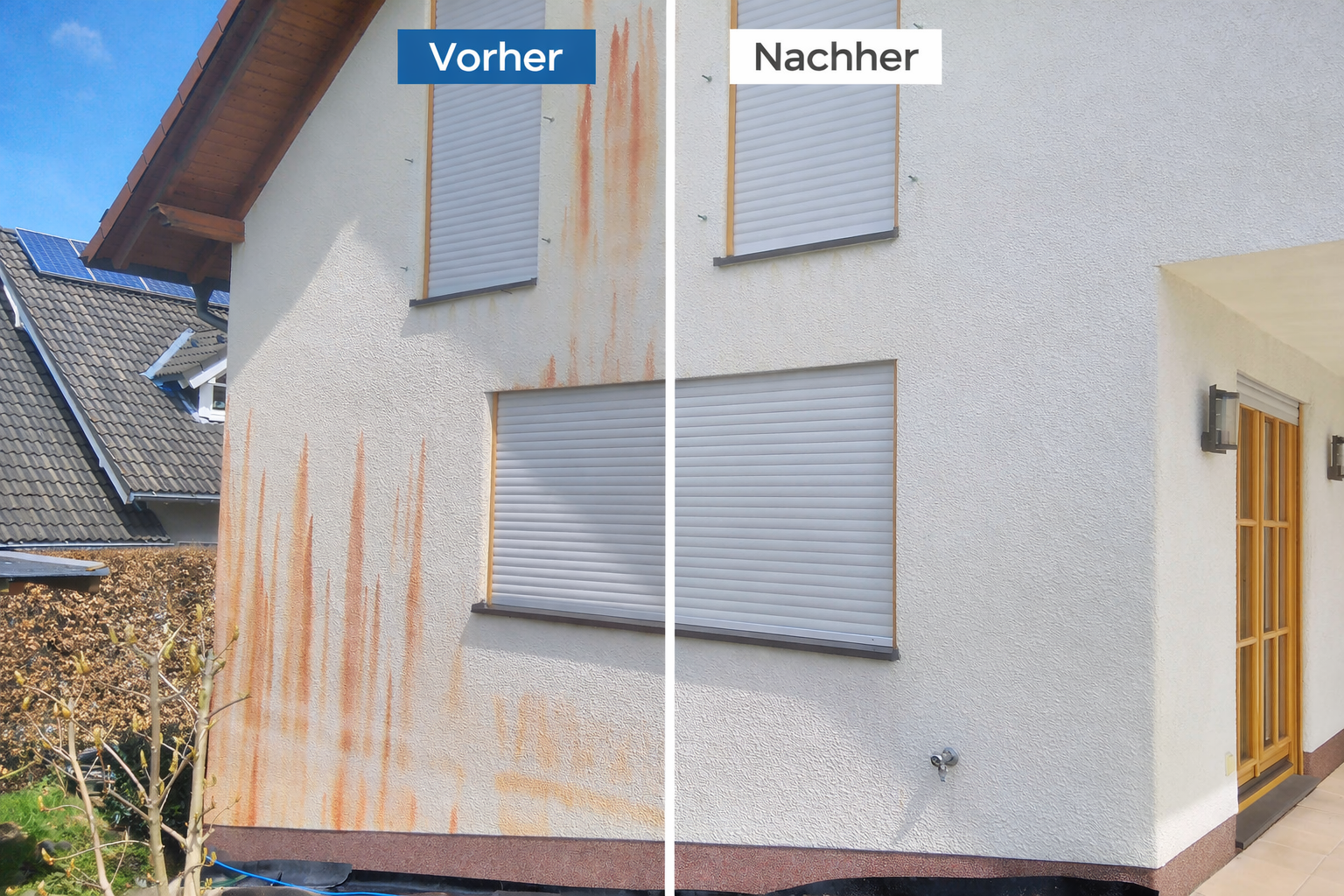 Vorher-Nachher-Vergleich der Fassadenreinigung bei Rotalgen
